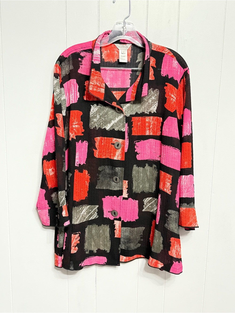 #19)  Multiples Brushstroke Button-Front Top in Pink, Red & Black